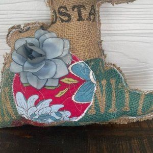 Handmade coffee bag floral accent pillow